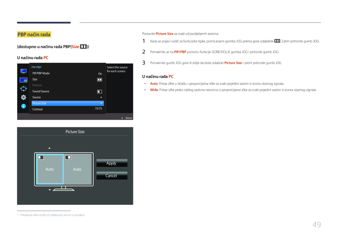 Samsung LS29E790CNS/EN manual Picture Size Apply Auto Auto Cancel, Postavite Picture Size za svaki od podijeljenih zaslona 