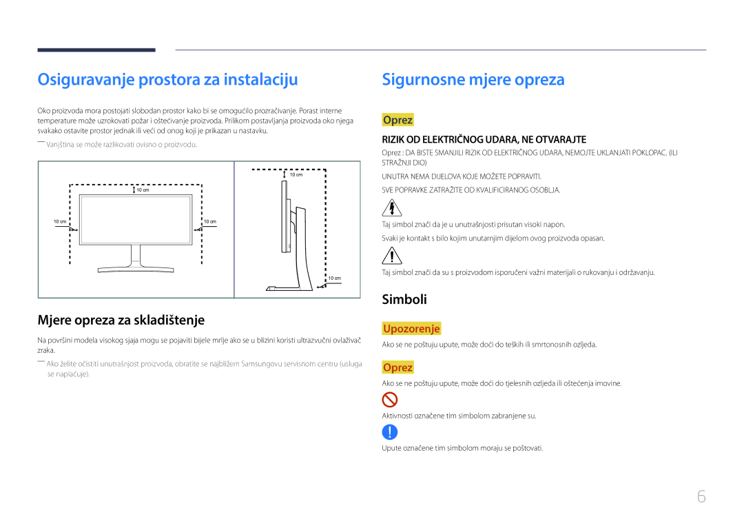 Samsung LS29E790CNS/EN manual Osiguravanje prostora za instalaciju, Mjere opreza za skladištenje, Simboli 