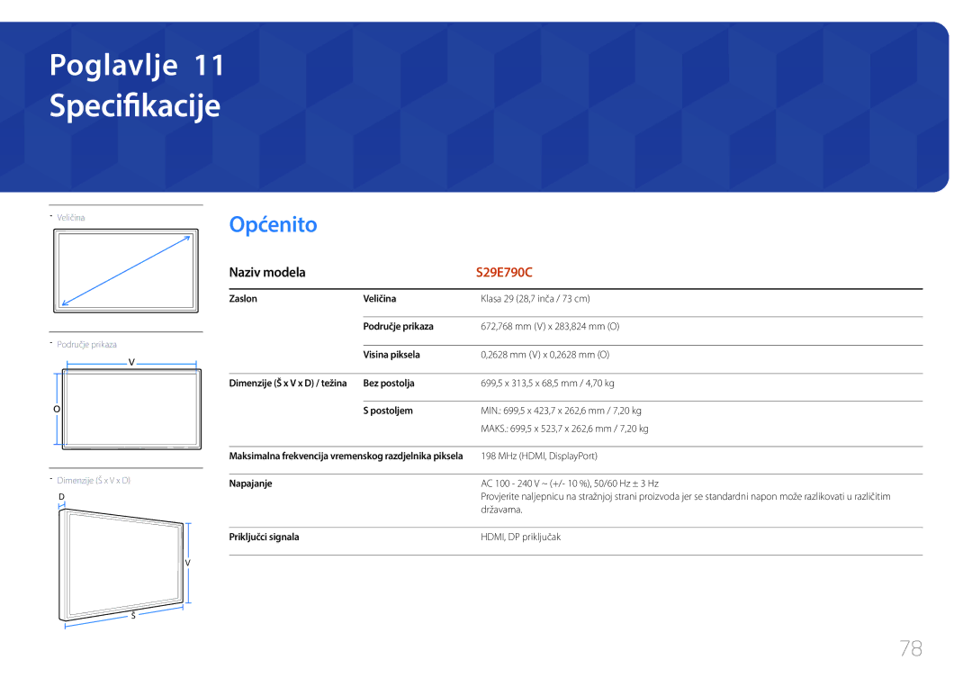 Samsung LS29E790CNS/EN manual Specifikacije, Općenito, Naziv modela 