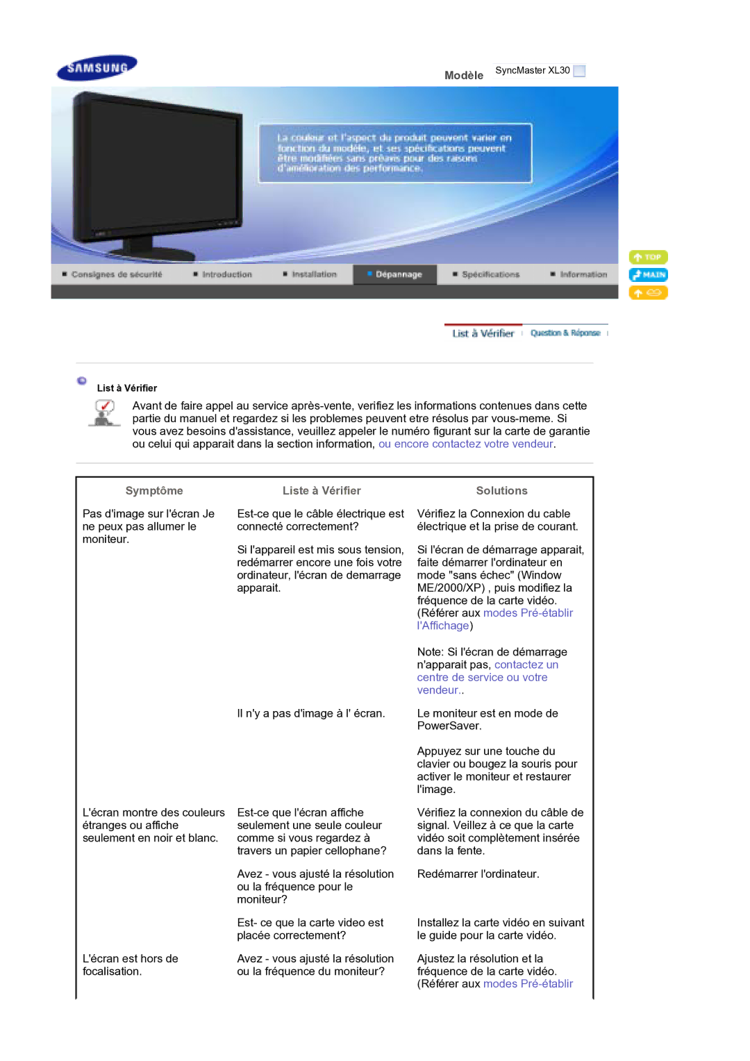 Samsung LS30EDDLB/EDC manual Symptôme Liste à Vérifier Solutions 