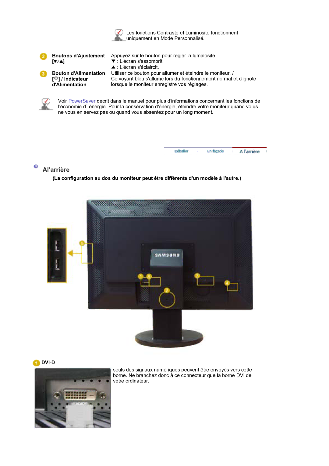 Samsung LS30EDDLB/EDC manual Alarrière, Bouton dAlimentation / Indicateur dAlimentation 