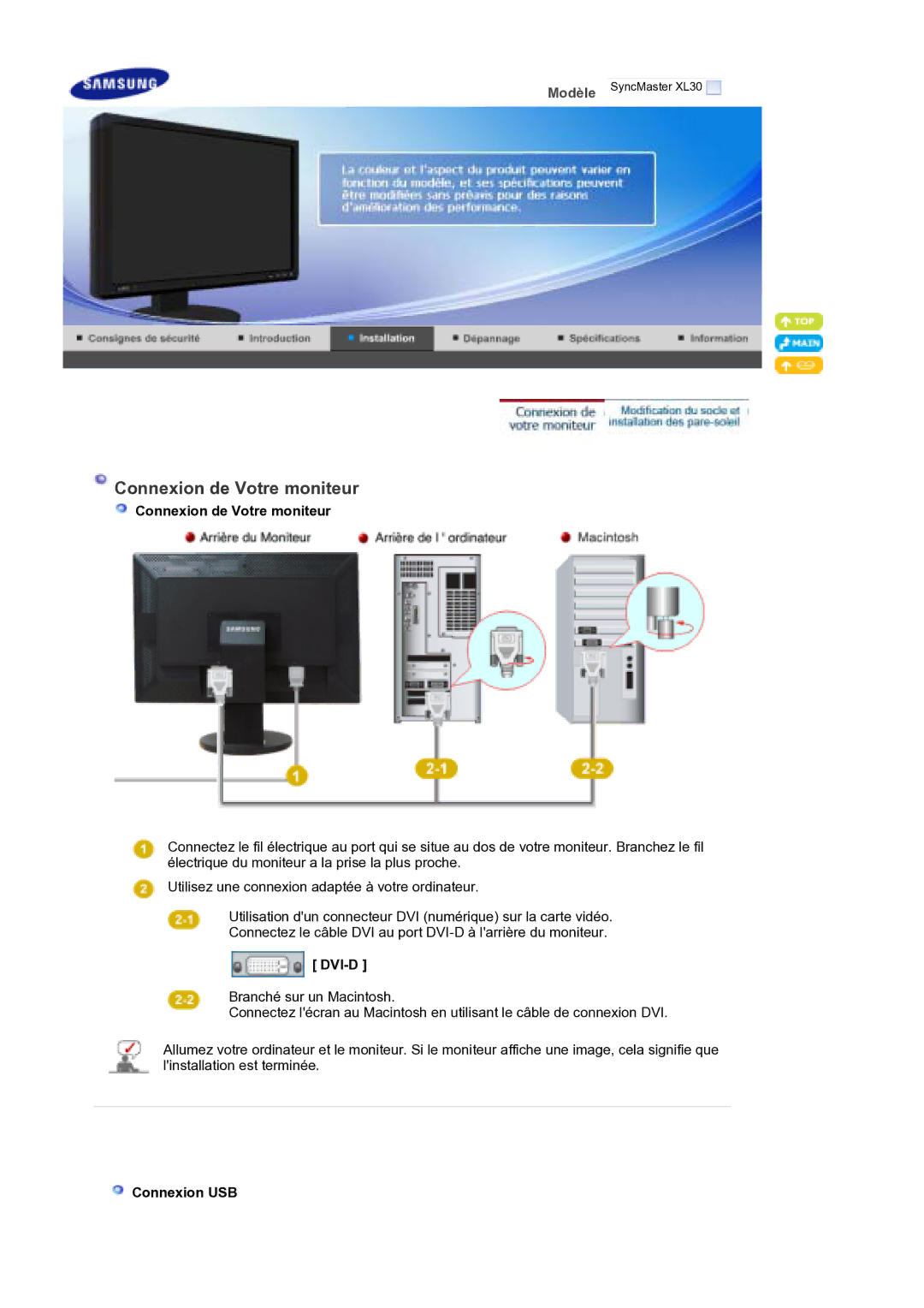 Samsung LS30EDDLB/EDC manual Connexion de Votre moniteur, Dvi-D, Connexion USB 