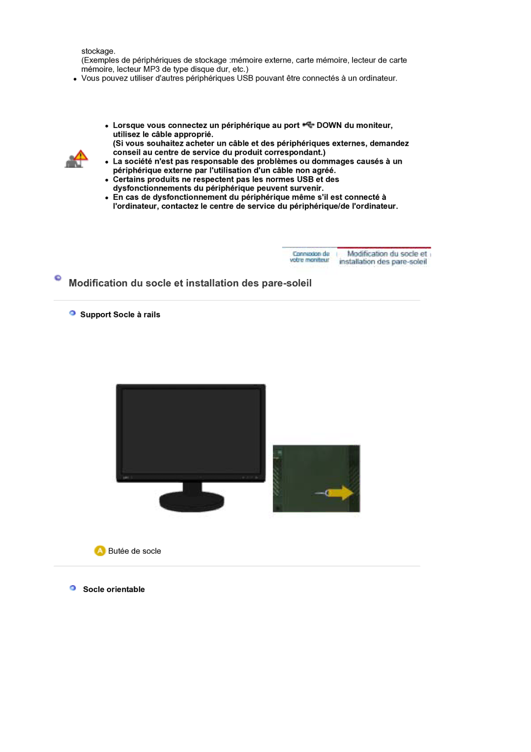 Samsung LS30EDDLB/EDC manual Modification du socle et installation des pare-soleil, Support Socle à rails, Socle orientable 