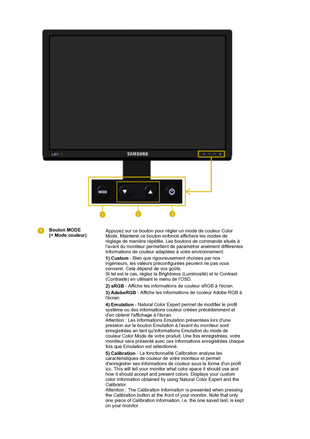 Samsung LS30EDDLB/EDC manual Bouton Mode = Mode couleur 