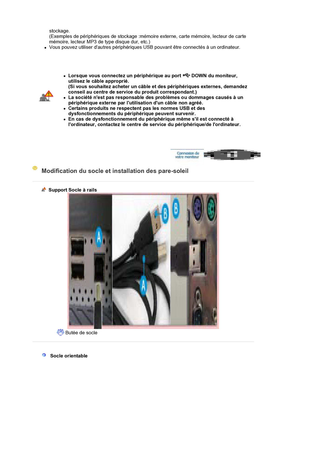 Samsung LS30EDDLB/EDC manual Modification du socle et installation des pare-soleil, Support Socle à rails, Socle orientable 