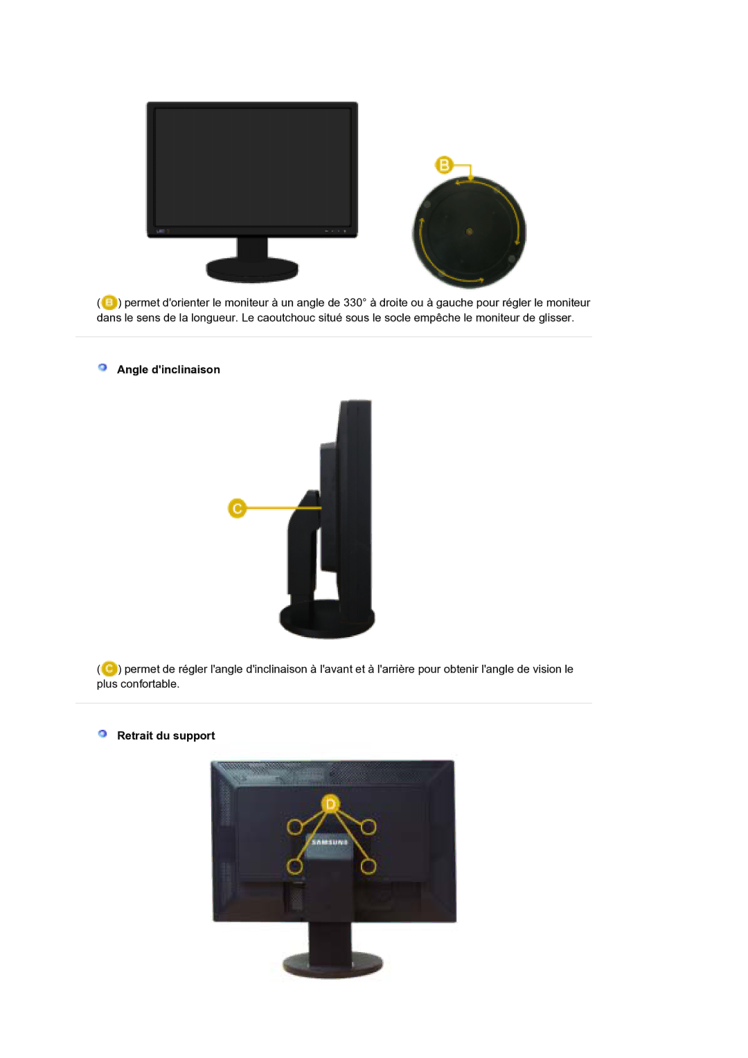 Samsung LS30EDDLB/EDC manual Angle dinclinaison, Retrait du support 