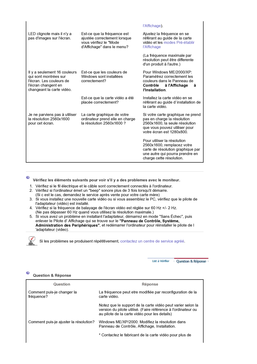 Samsung LS30EDDLB/EDC manual Contrôle → à lAffichage → à lInstallation, Question Réponse 