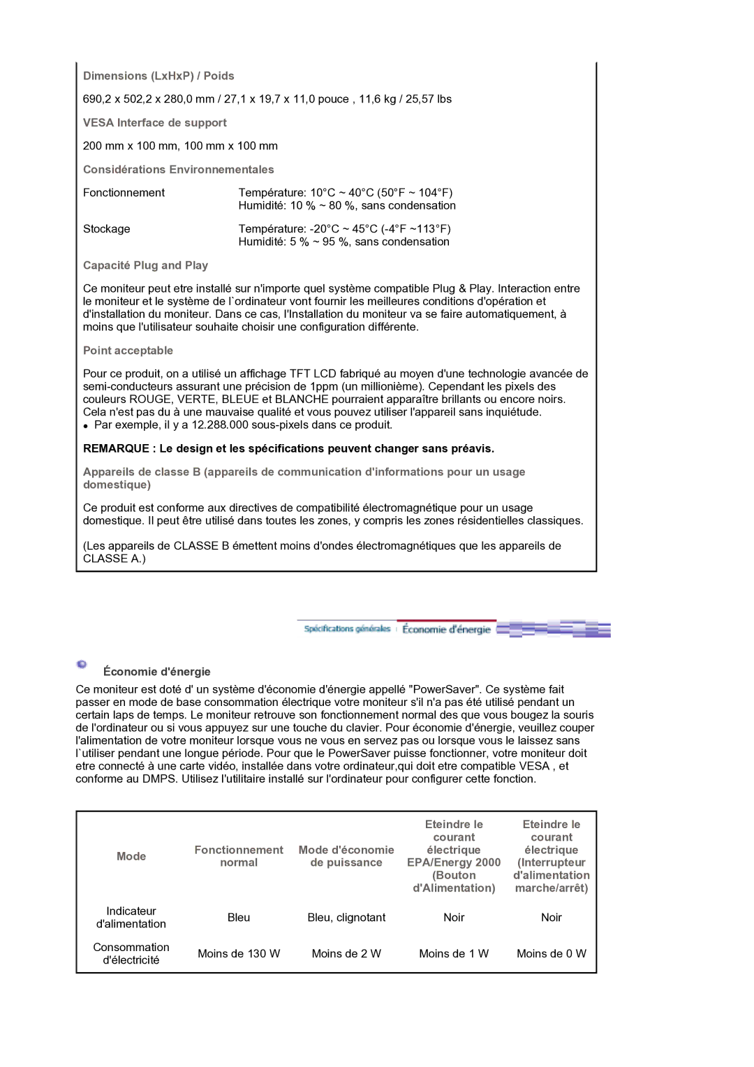 Samsung LS30EDDLB/EDC manual Dimensions LxHxP / Poids, Vesa Interface de support, Considérations Environnementales 