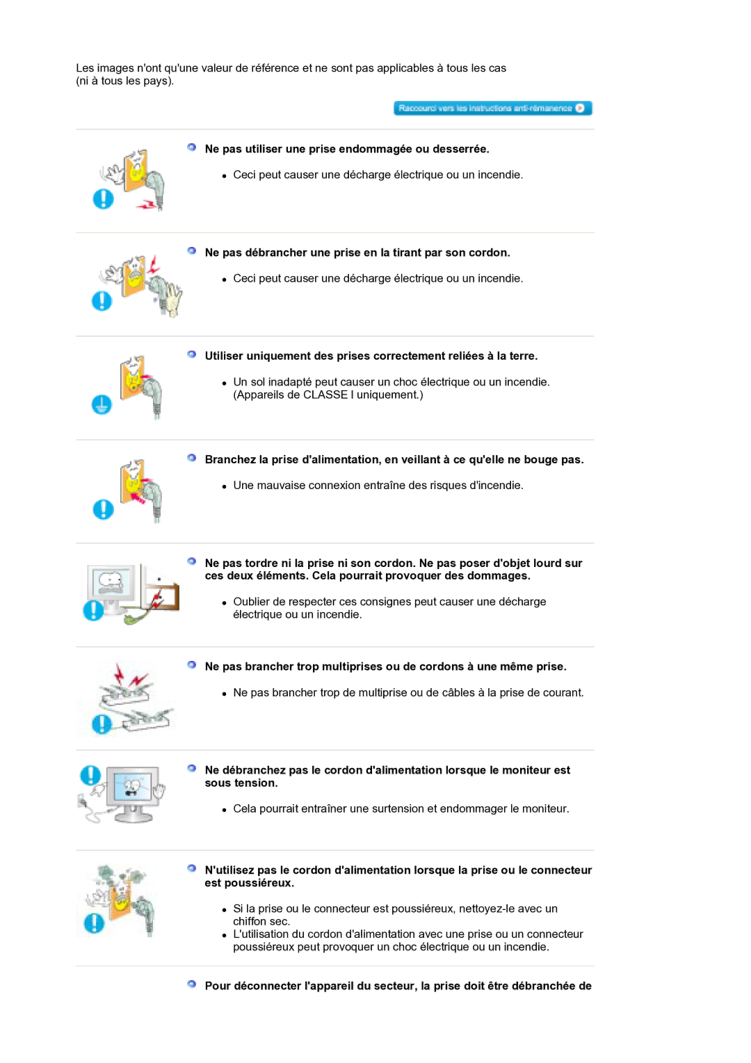 Samsung LS30EDDLB/EDC manual Ne pas utiliser une prise endommagée ou desserrée 