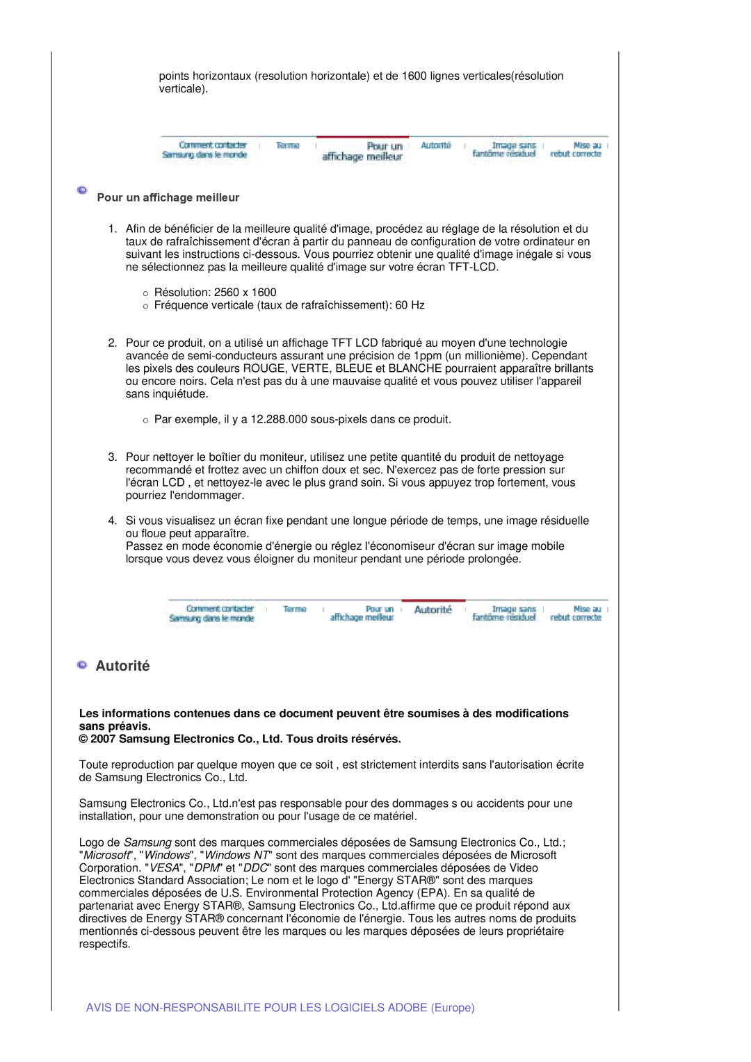 Samsung LS30EDDLB/EDC manual Autorité, Pour un affichage meilleur 