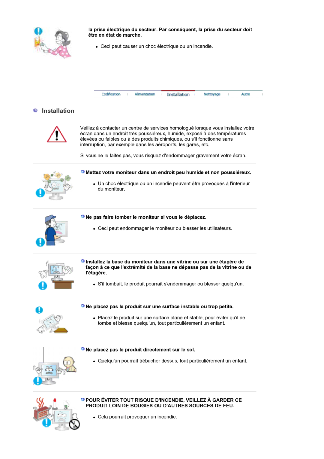 Samsung LS30EDDLB/EDC manual Installation, Ne pas faire tomber le moniteur si vous le déplacez 