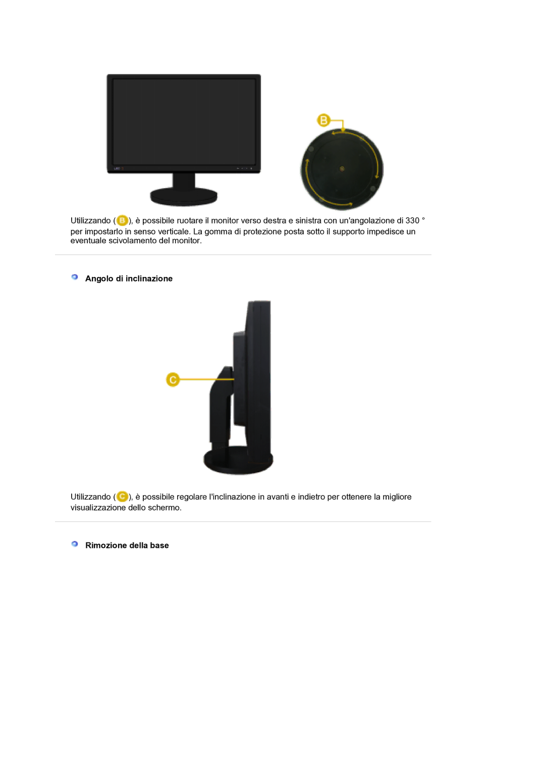 Samsung LS30EDDLB/EDC manual Angolo di inclinazione, Rimozione della base 