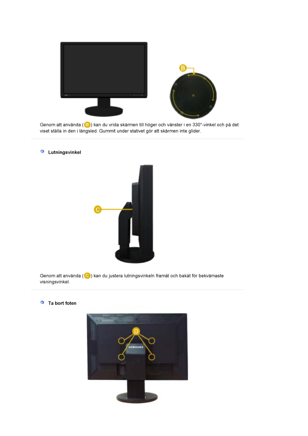 Samsung LS30EDDLB/EDC manual Lutningsvinkel, Ta bort foten 