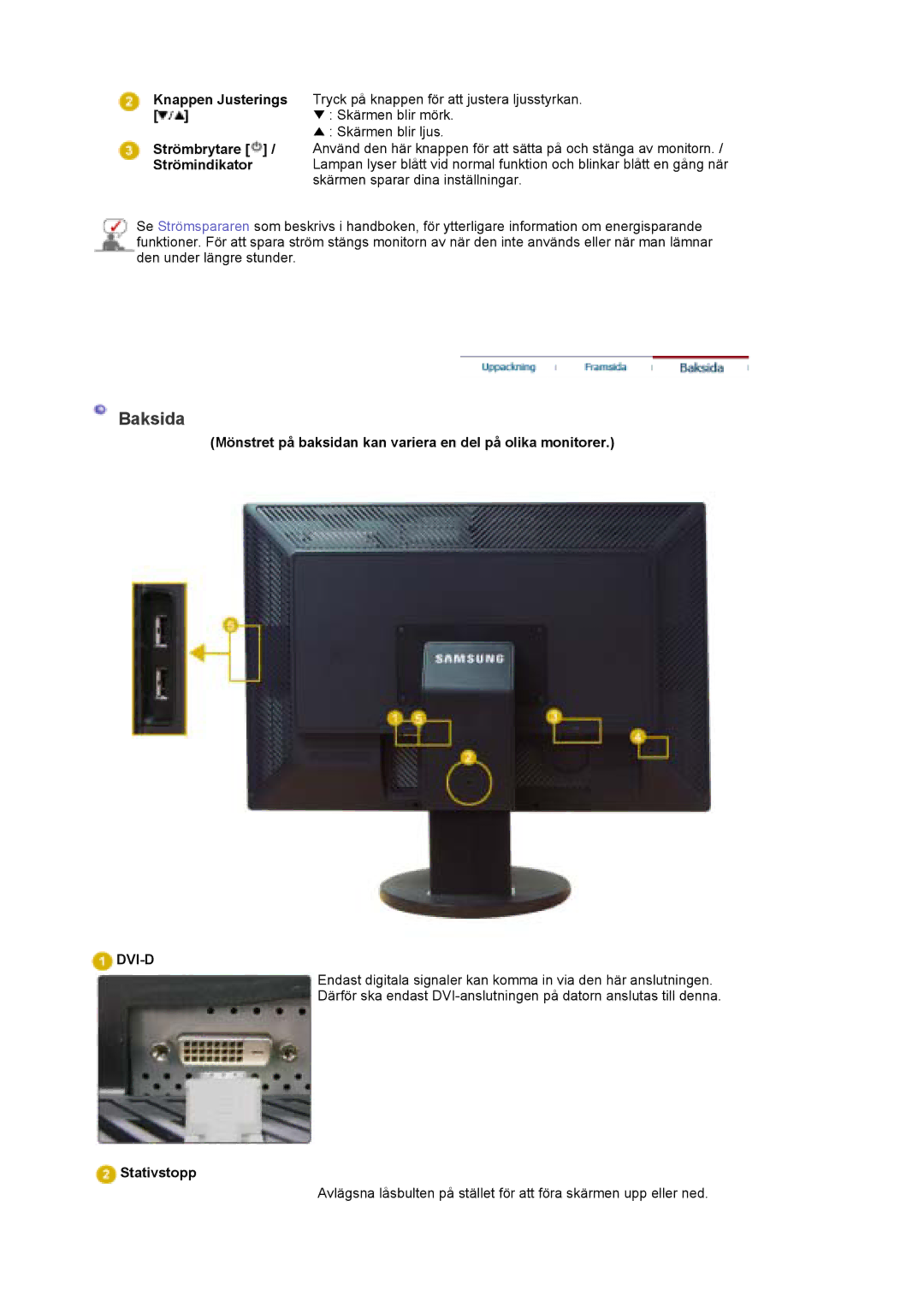 Samsung LS30EDDLB/EDC manual Baksida, Mönstret på baksidan kan variera en del på olika monitorer, Stativstopp 