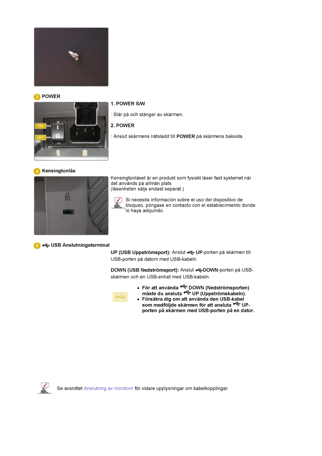 Samsung LS30EDDLB/EDC manual Kensingtonlås, USB Anslutningsterminal, Down USB Nedströmsport Anslut DOWN-porten på USB 