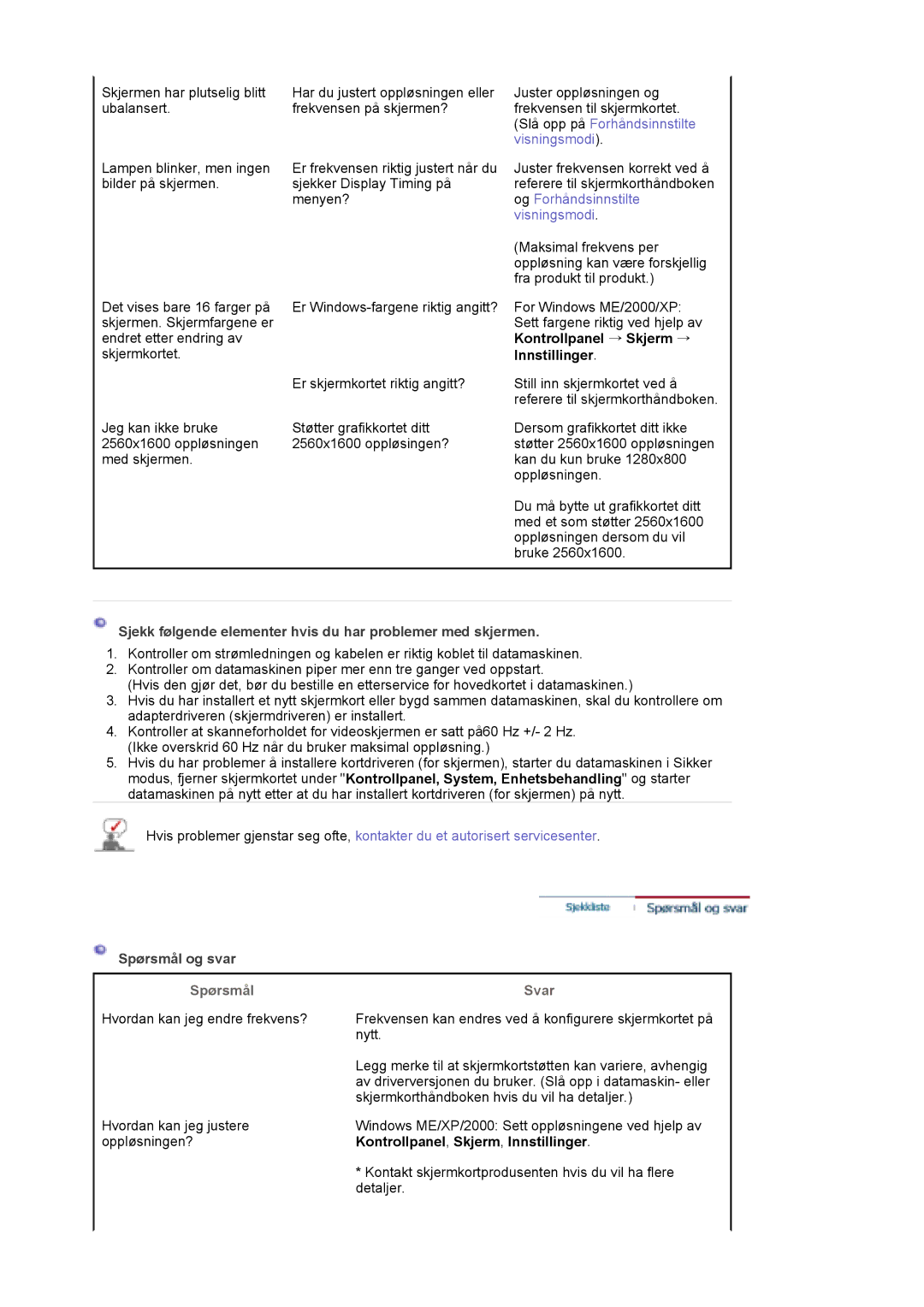 Samsung LS30EDDLB/EDC manual Kontrollpanel → Skjerm →, Innstillinger 