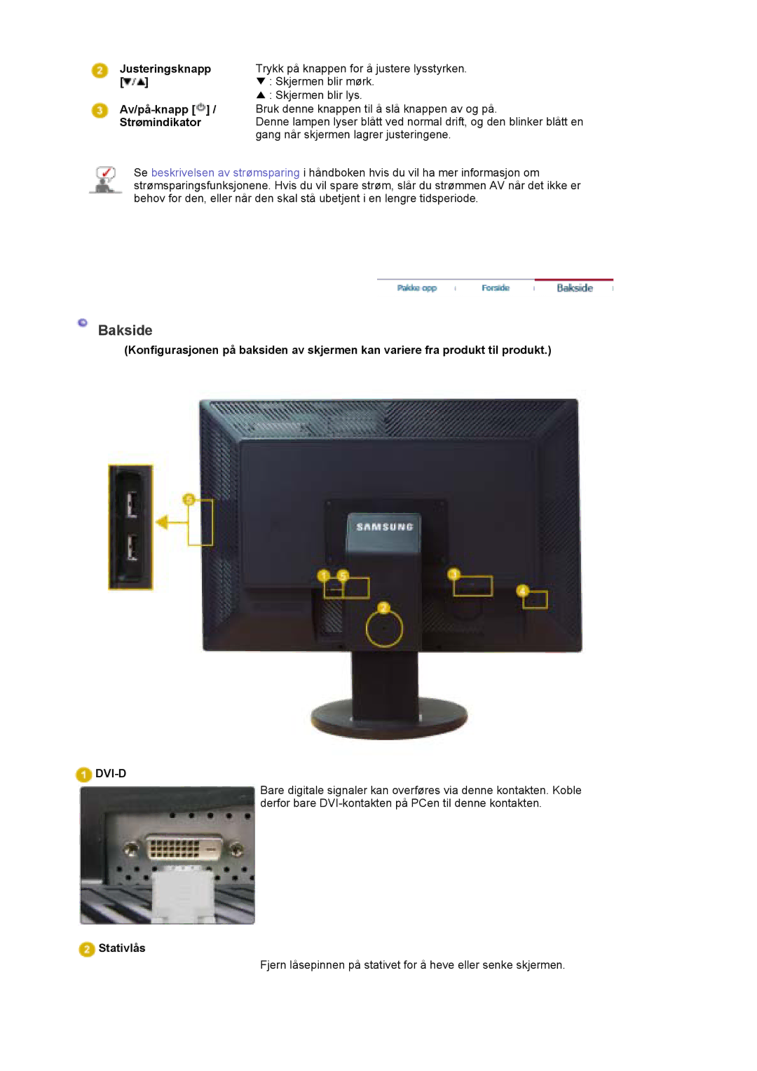 Samsung LS30EDDLB/EDC manual Bakside, Gang når skjermen lagrer justeringene, Stativlås 