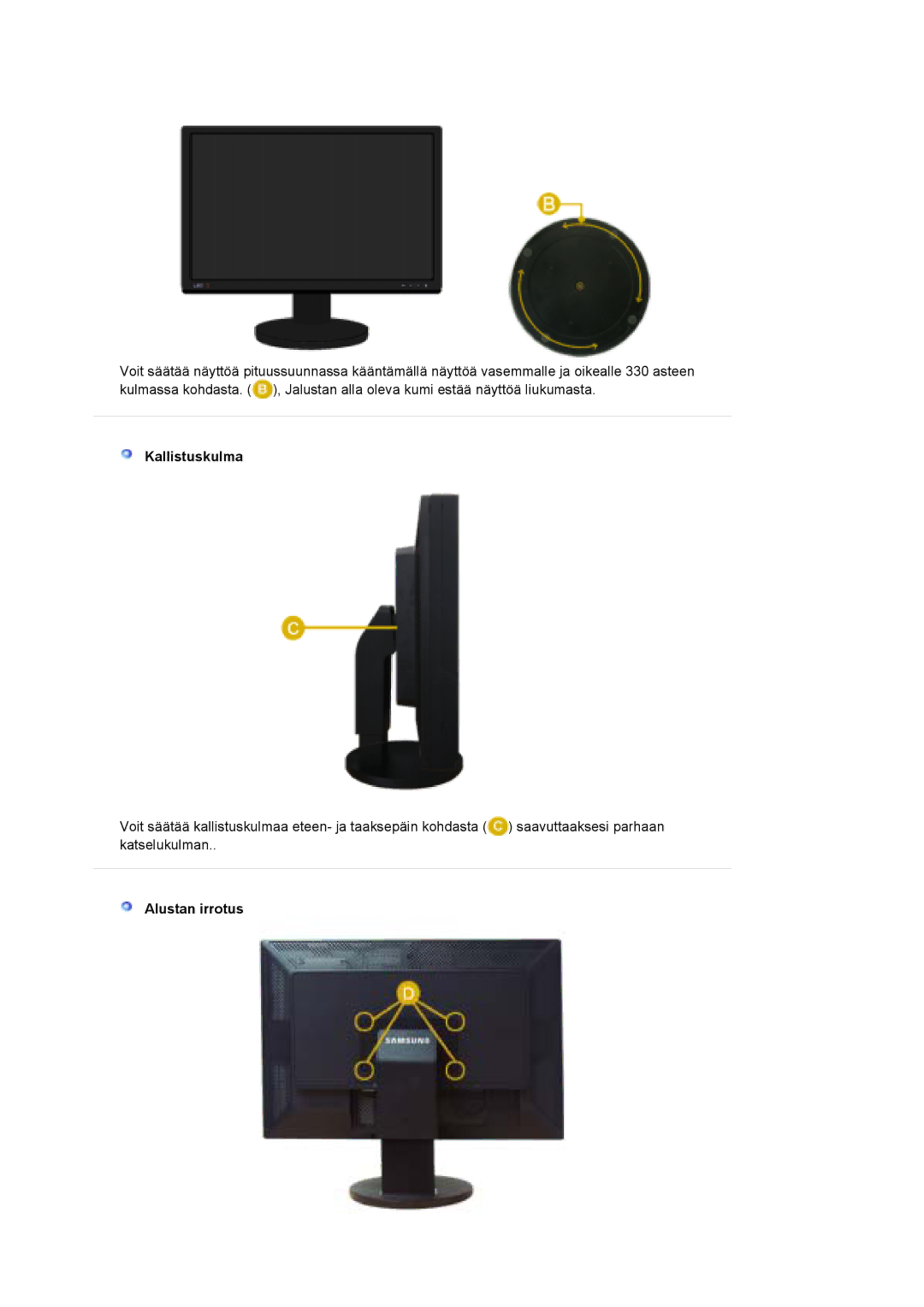 Samsung LS30EDDLB/EDC manual Kallistuskulma, Alustan irrotus 