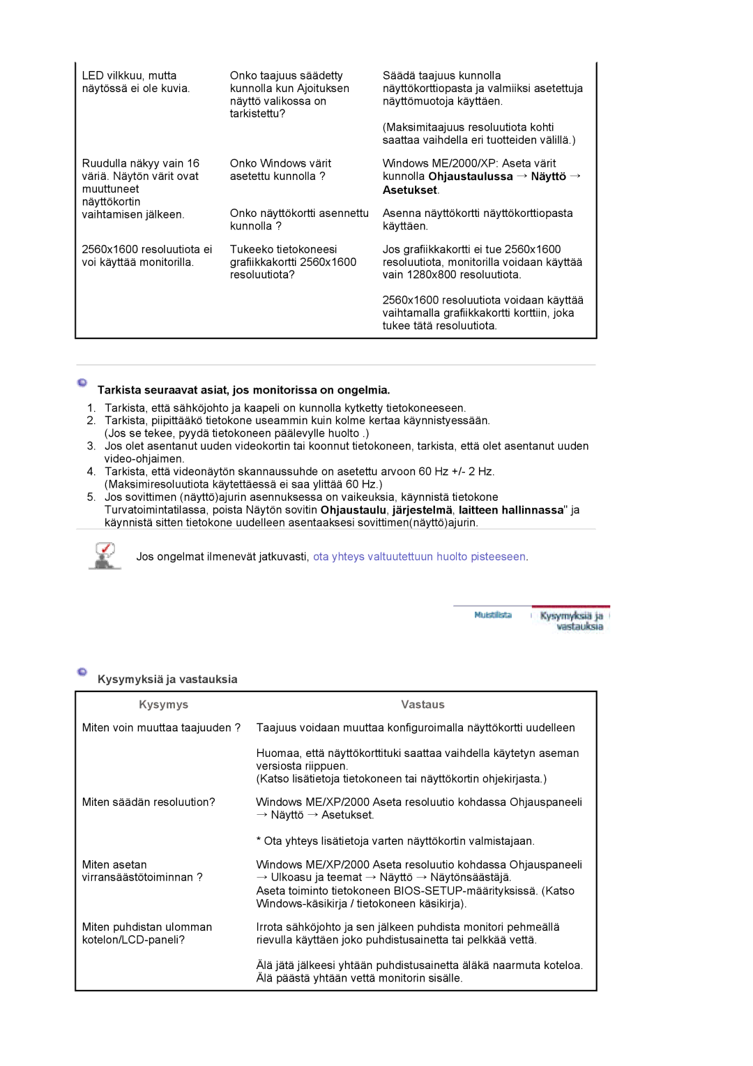 Samsung LS30EDDLB/EDC Kunnolla Ohjaustaulussa → Näyttö →, Asetukset, Tarkista seuraavat asiat, jos monitorissa on ongelmia 