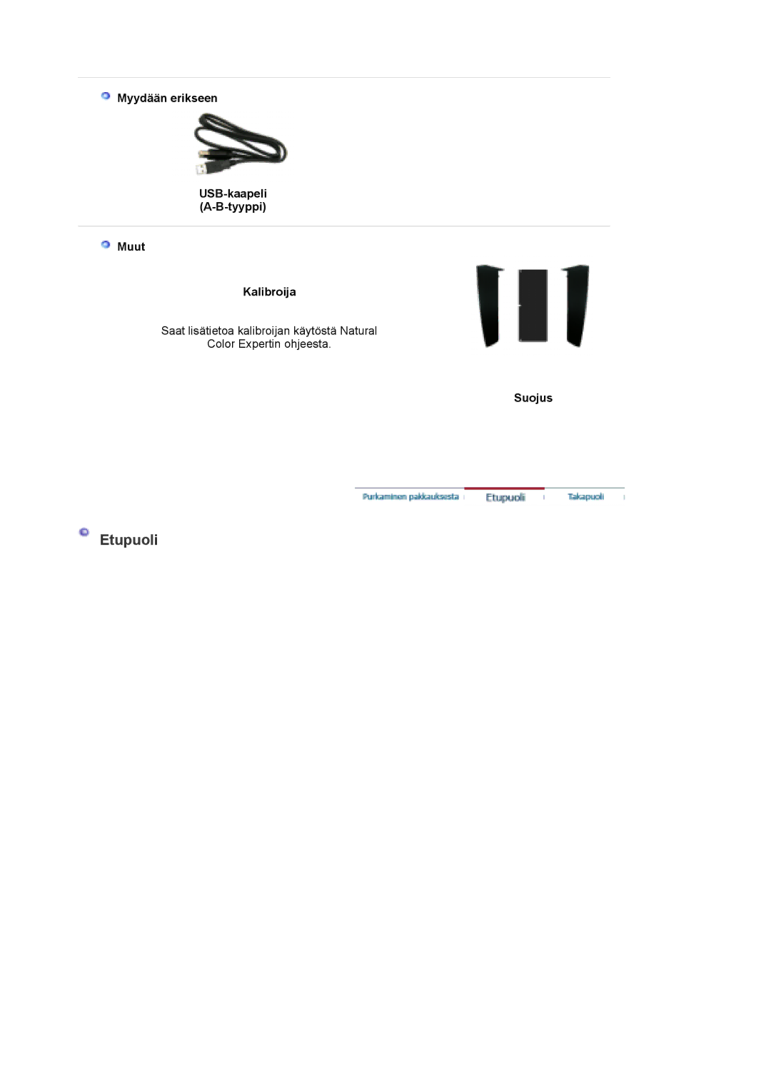 Samsung LS30EDDLB/EDC manual Etupuoli, Myydään erikseen USB-kaapeli A-B-tyyppi Muut Kalibroija, Suojus 