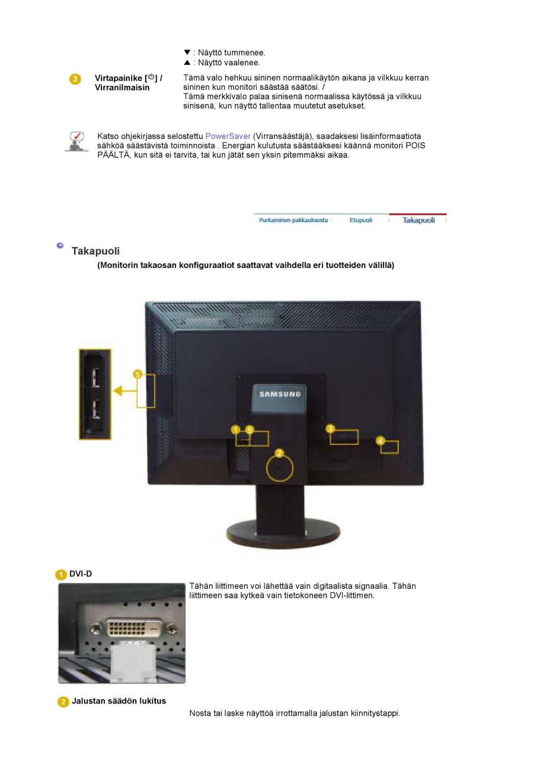 Samsung LS30EDDLB/EDC manual Takapuoli, Virtapainike / Virranilmaisin, Jalustan säädön lukitus 