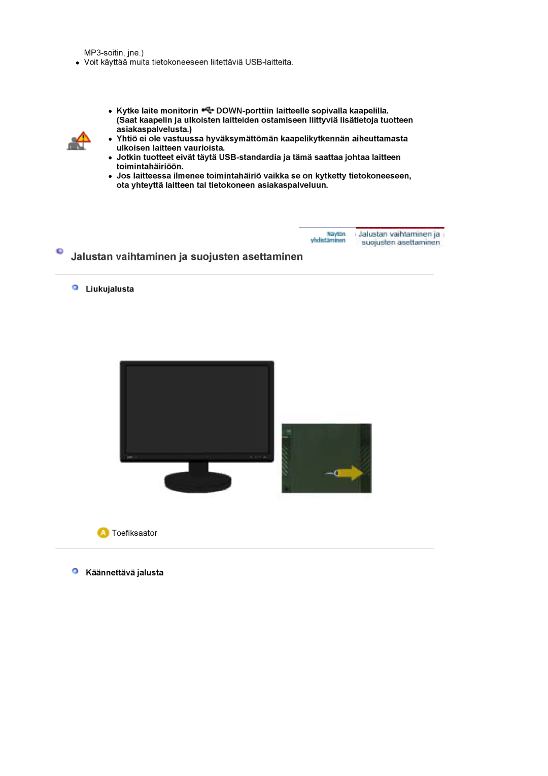 Samsung LS30EDDLB/EDC manual Jalustan vaihtaminen ja suojusten asettaminen, Liukujalusta, Käännettävä jalusta 