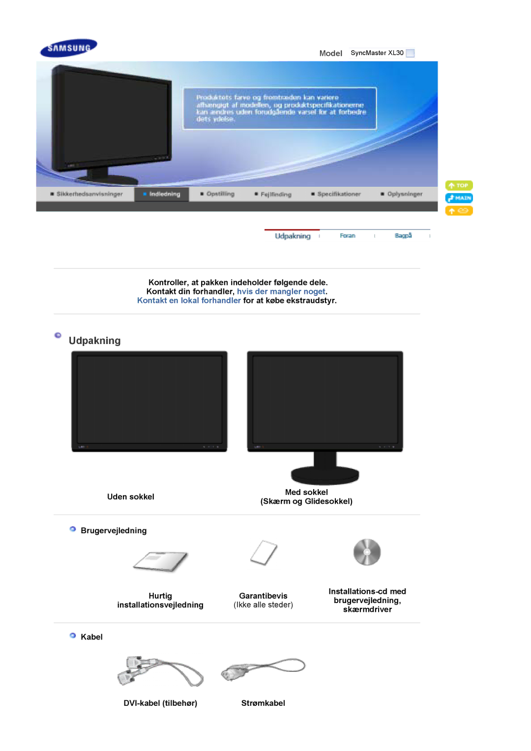 Samsung LS30EDDLB/EDC manual Udpakning, Uden sokkel, Skærm og Glidesokkel, Kabel DVI-kabel tilbehør 