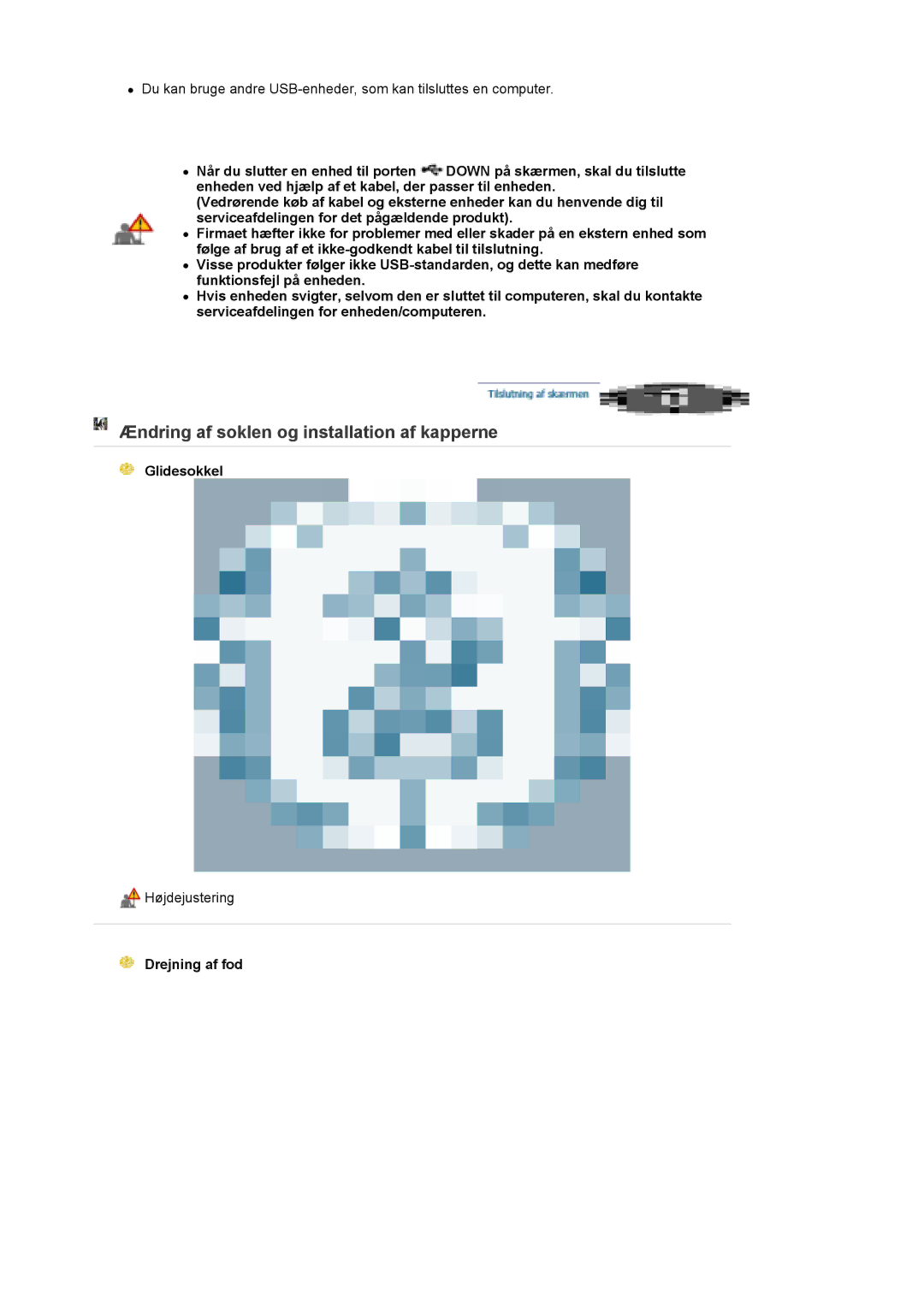 Samsung LS30EDDLB/EDC manual Ændring af soklen og installation af kapperne, Glidesokkel, Drejning af fod 