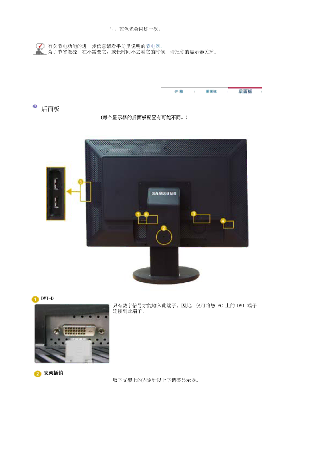 Samsung LS30EDDLB/EDC manual 每个显示器的后面板配置有可能不同。, 支架插销 