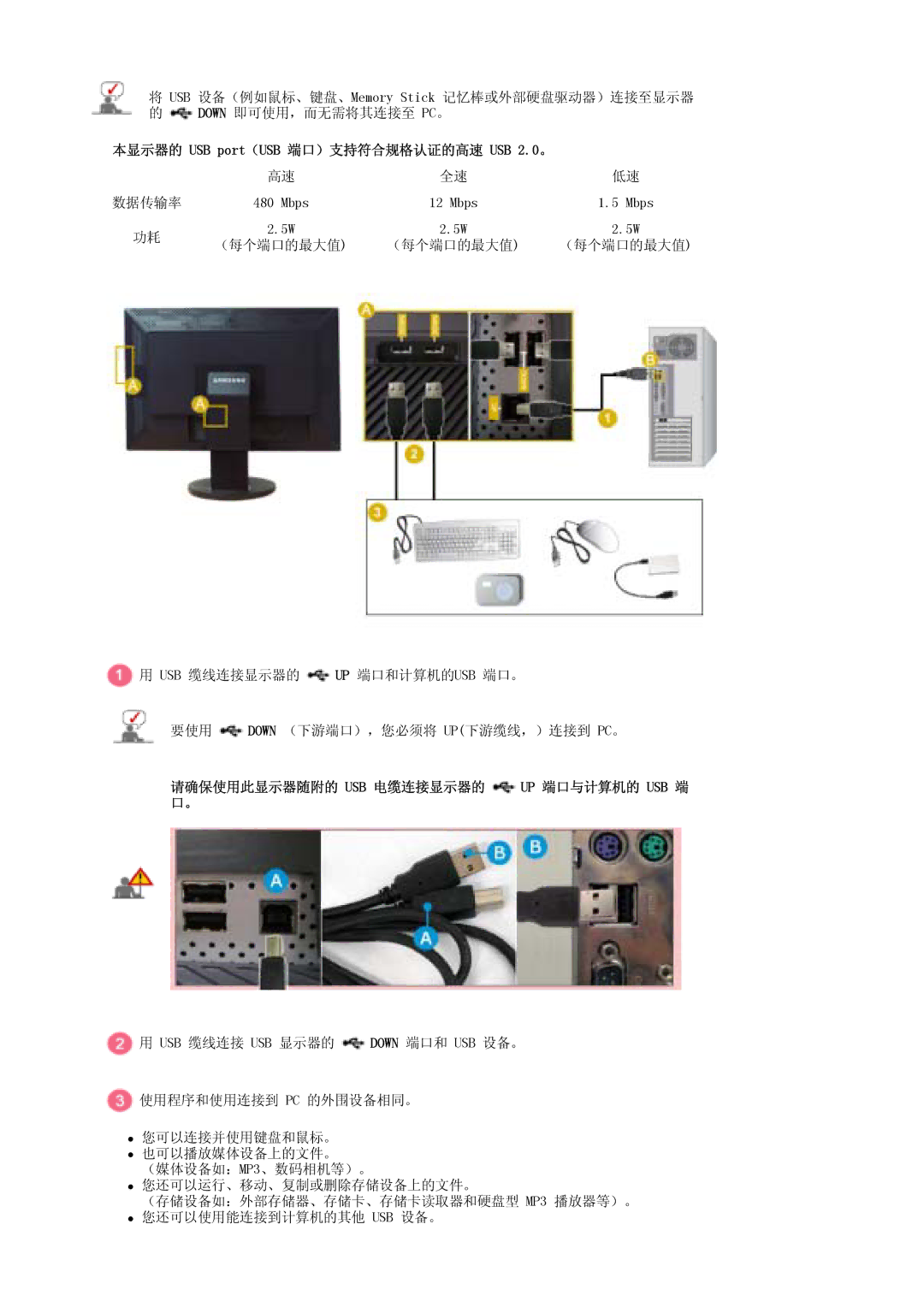 Samsung LS30EDDLB/EDC manual 本显示器的 USB port（USB 端口）支持符合规格认证的高速 USB 2.0。, 请确保使用此显示器随附的 Usb 电缆连接显示器的 Up 端口与计算机的 Usb 端 口。 