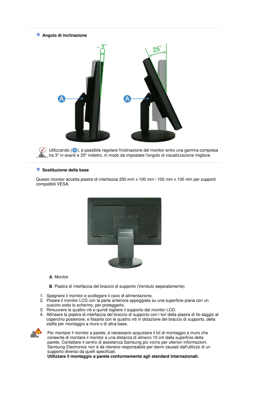 Samsung LS30HUBCB/XAA, LS30HUBCB/EDC manual Angolo di inclinazione, Sostituzione della base 