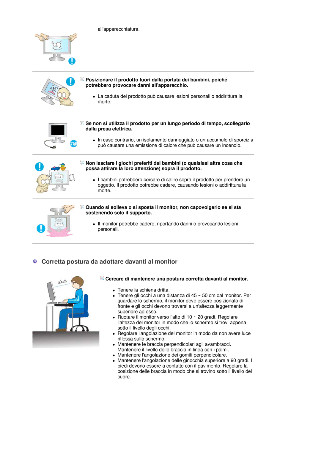 Samsung LS30HUBCB/XAA, LS30HUBCB/EDC manual Corretta postura da adottare davanti al monitor 