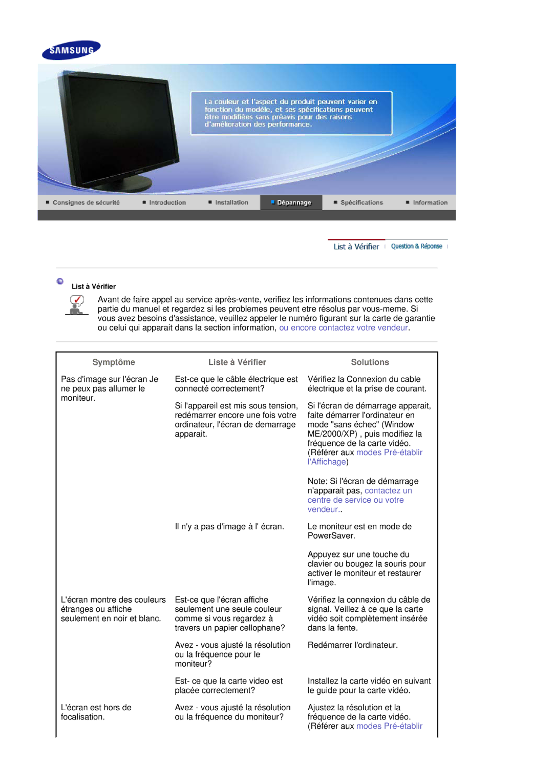 Samsung LS30HUBCB/EDC manual Symptôme Liste à Vérifier Solutions, Référer aux modes Pré-établir 