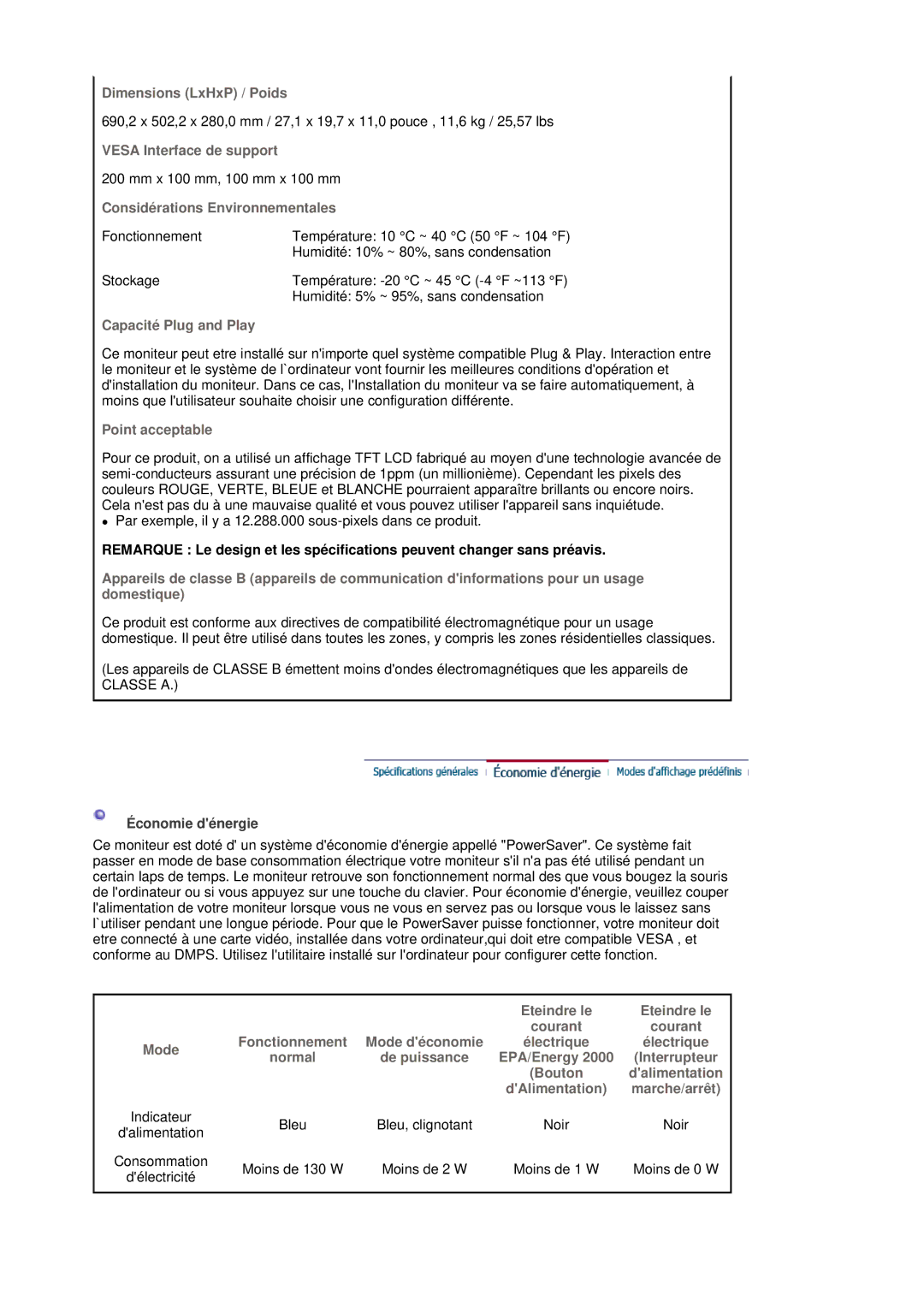 Samsung LS30HUBCB/EDC manual Dimensions LxHxP / Poids, Vesa Interface de support, Considérations Environnementales 