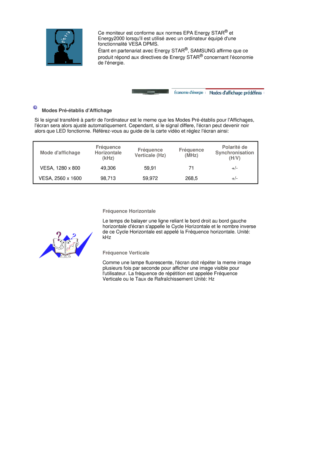 Samsung LS30HUBCB/EDC manual 59,91 VESA, 2560 x, 59,972 268,5 Fréquence Horizontale, Fréquence Verticale 