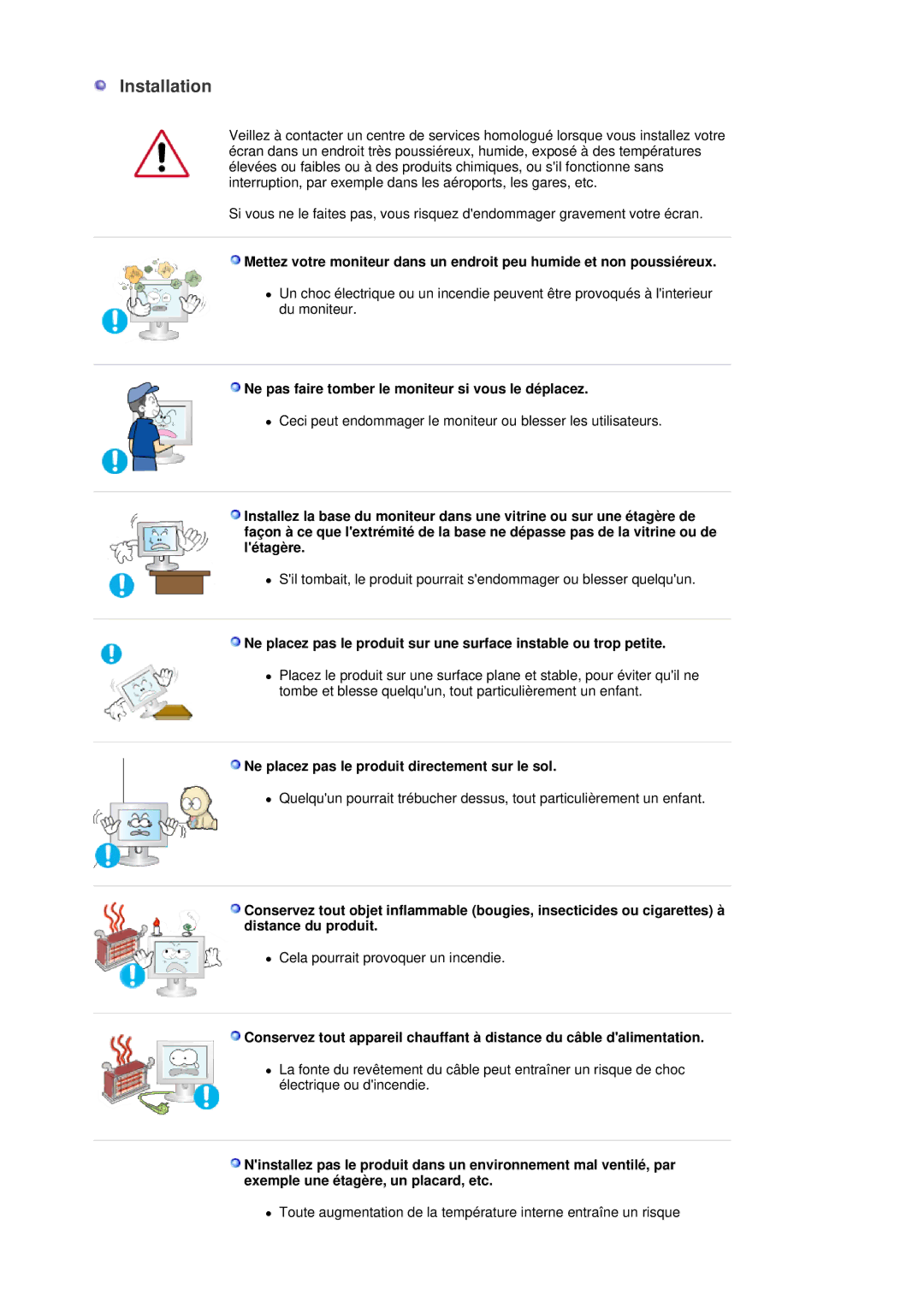 Samsung LS30HUBCB/EDC manual Installation, Ne pas faire tomber le moniteur si vous le déplacez 