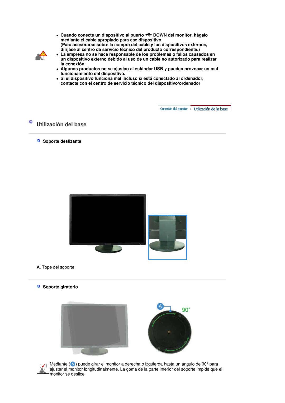 Samsung LS30HUBCB/EDC manual Utilización del base, Soporte deslizante, Soporte giratorio 