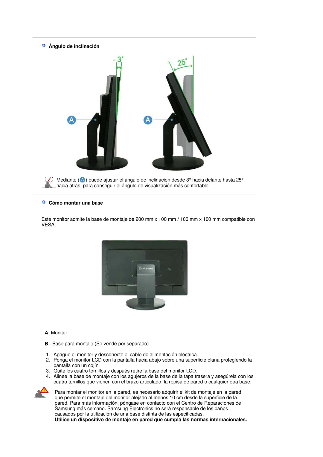 Samsung LS30HUBCB/EDC manual Ángulo de inclinación, Cómo montar una base 