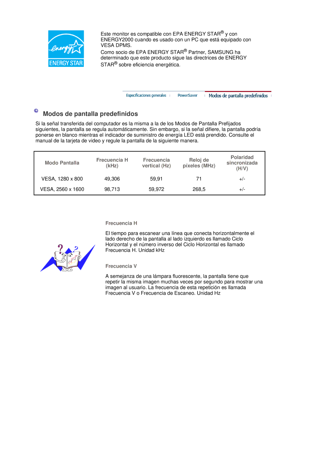 Samsung LS30HUBCB/EDC manual Modos de pantalla predefinidos, 59,91 VESA, 2560 x, 59,972 268,5 Frecuencia H 