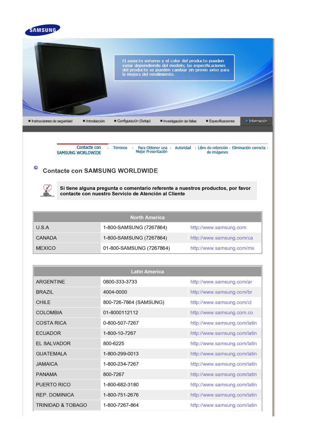 Samsung LS30HUBCB/EDC manual Contacte con Samsung Worldwide 