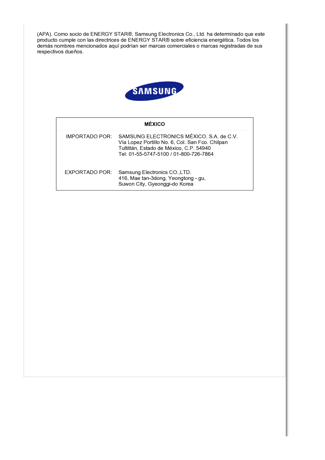 Samsung LS30HUBCB/EDC manual México 