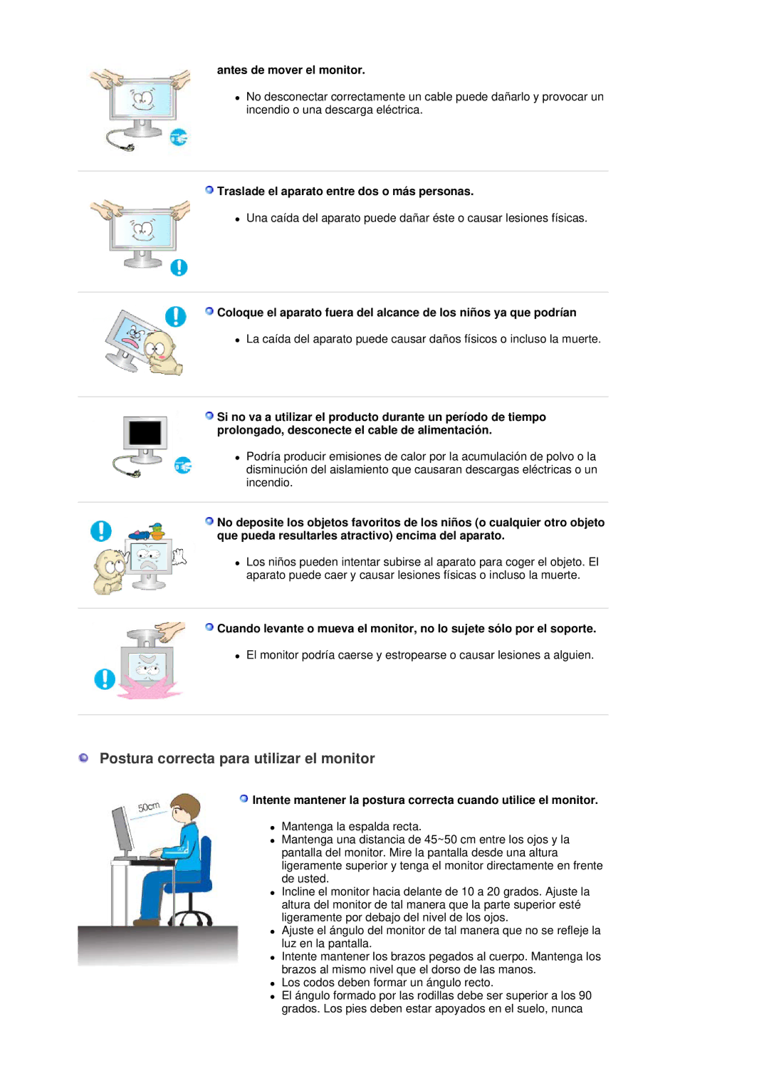 Samsung LS30HUBCB/EDC manual Postura correcta para utilizar el monitor, Antes de mover el monitor 