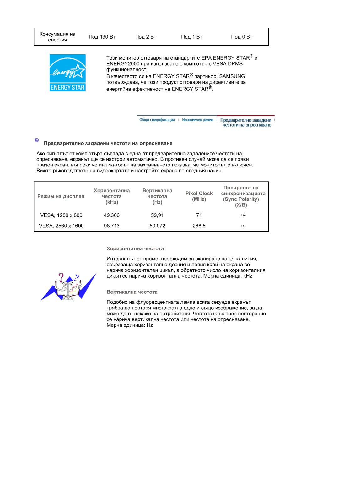 Samsung LS30HUBCB/EDC manual Предварително зададени честоти на опресняване, VESA, 2560 x, 268,5 Хоризонтална честота 