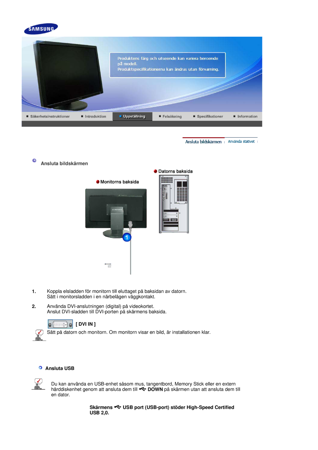 Samsung LS30HUBCB/EDC manual Ansluta bildskärmen, Dvi, Ansluta USB 