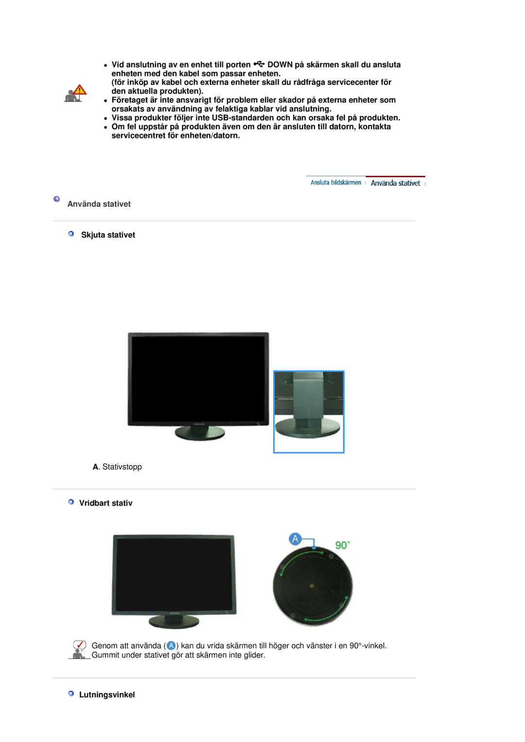 Samsung LS30HUBCB/EDC manual Använda stativet, Skjuta stativet, Vridbart stativ, Lutningsvinkel 