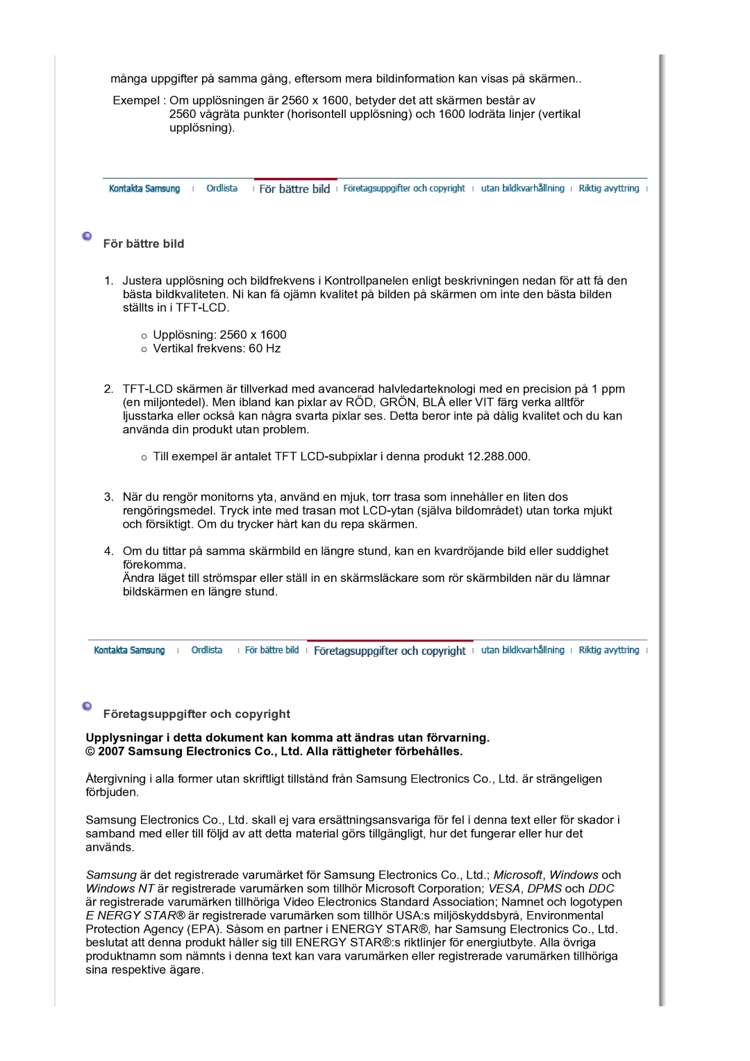 Samsung LS30HUBCB/EDC manual Företagsuppgifter och copyright 