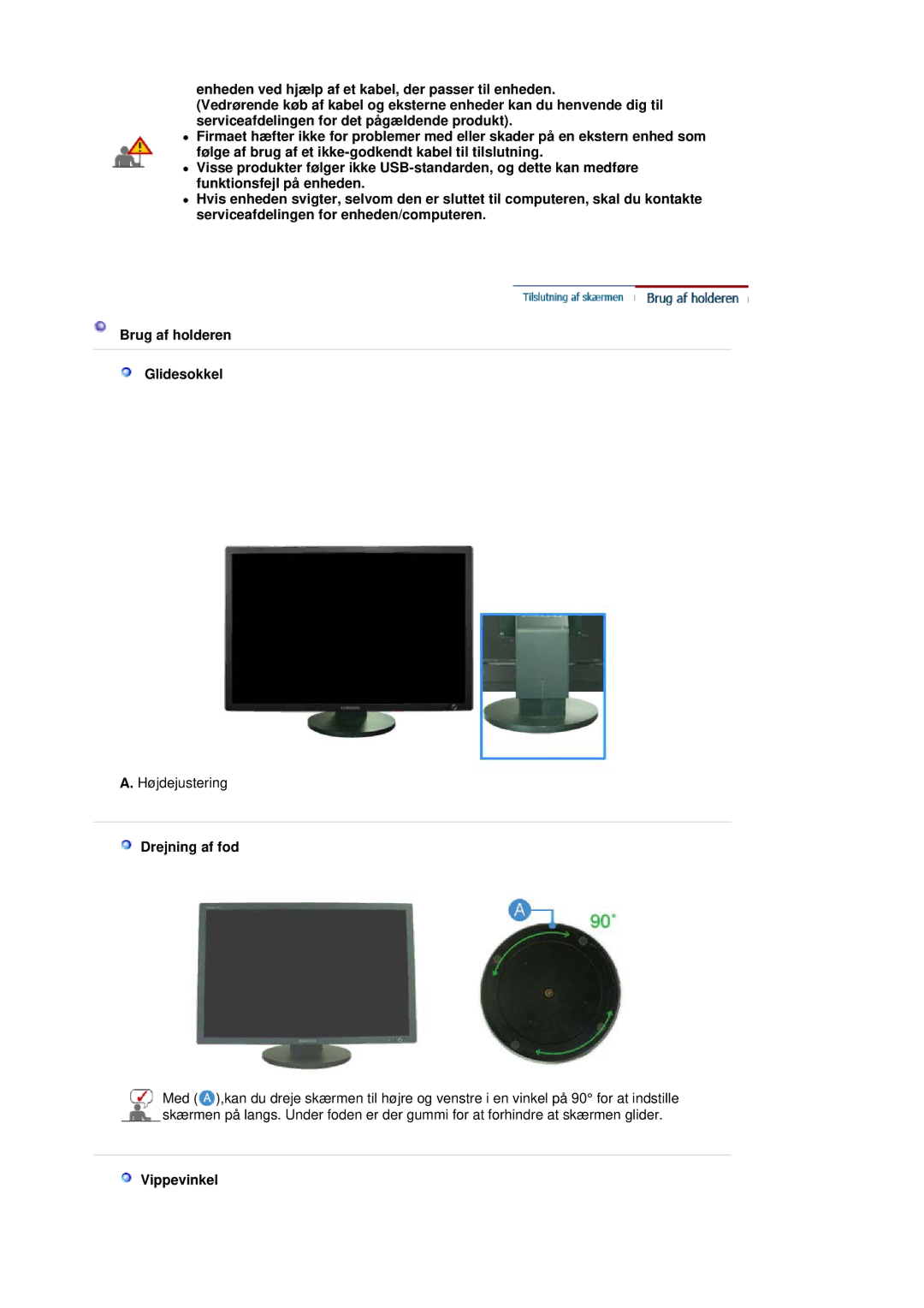 Samsung LS30HUBCB/EDC manual Drejning af fod, Vippevinkel 