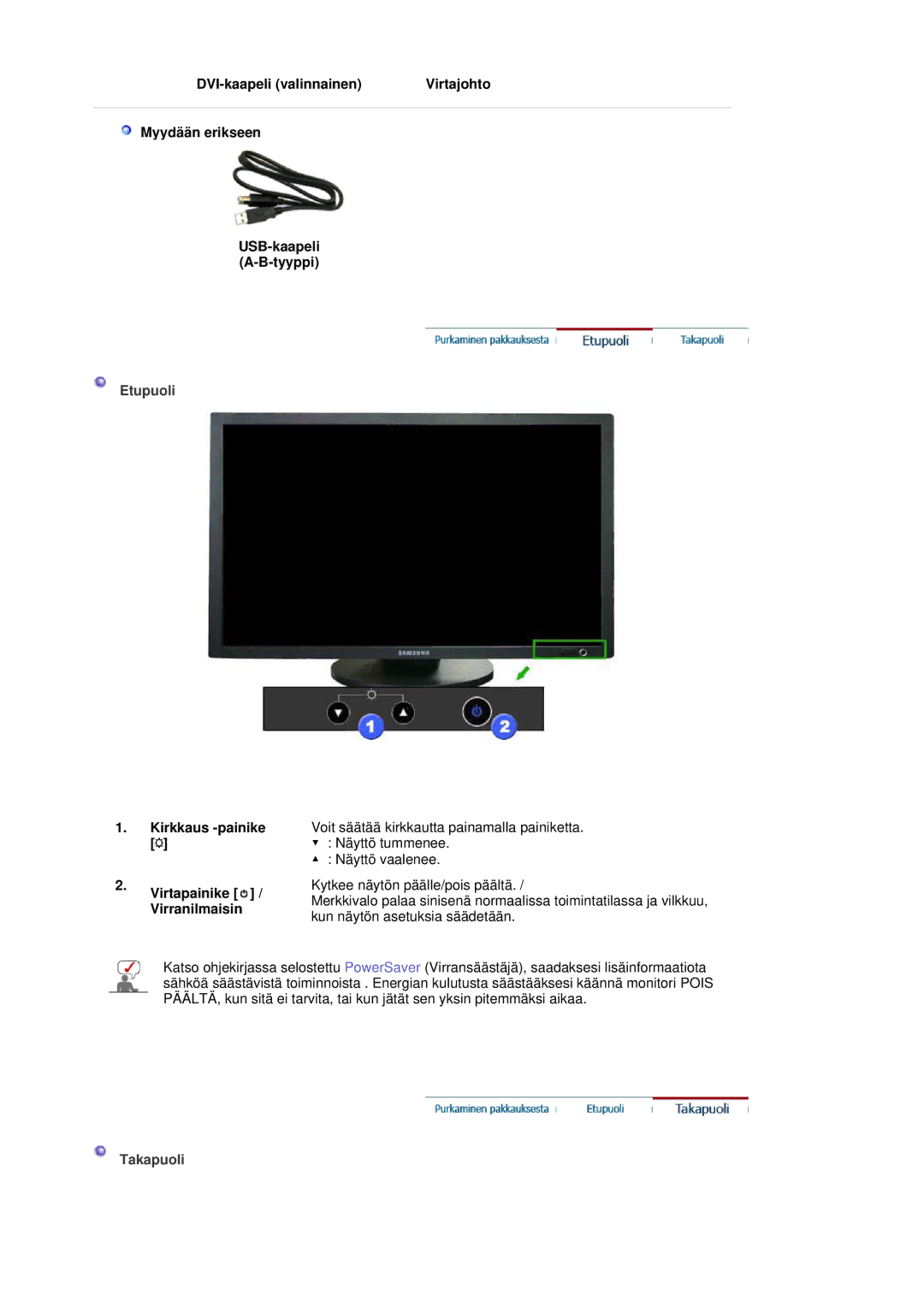 Samsung LS30HUBCB/EDC manual Etupuoli, Kirkkaus -painike Virtapainike / Virranilmaisin, Takapuoli 