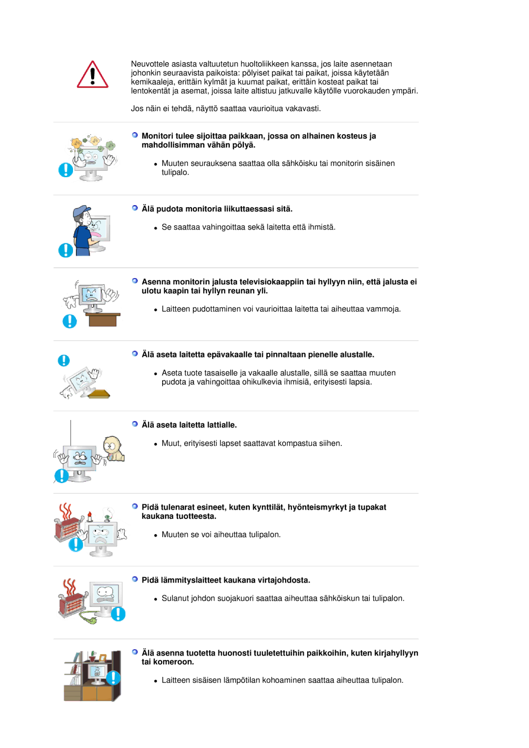 Samsung LS30HUBCB/EDC manual Älä pudota monitoria liikuttaessasi sitä, Älä aseta laitetta lattialle 