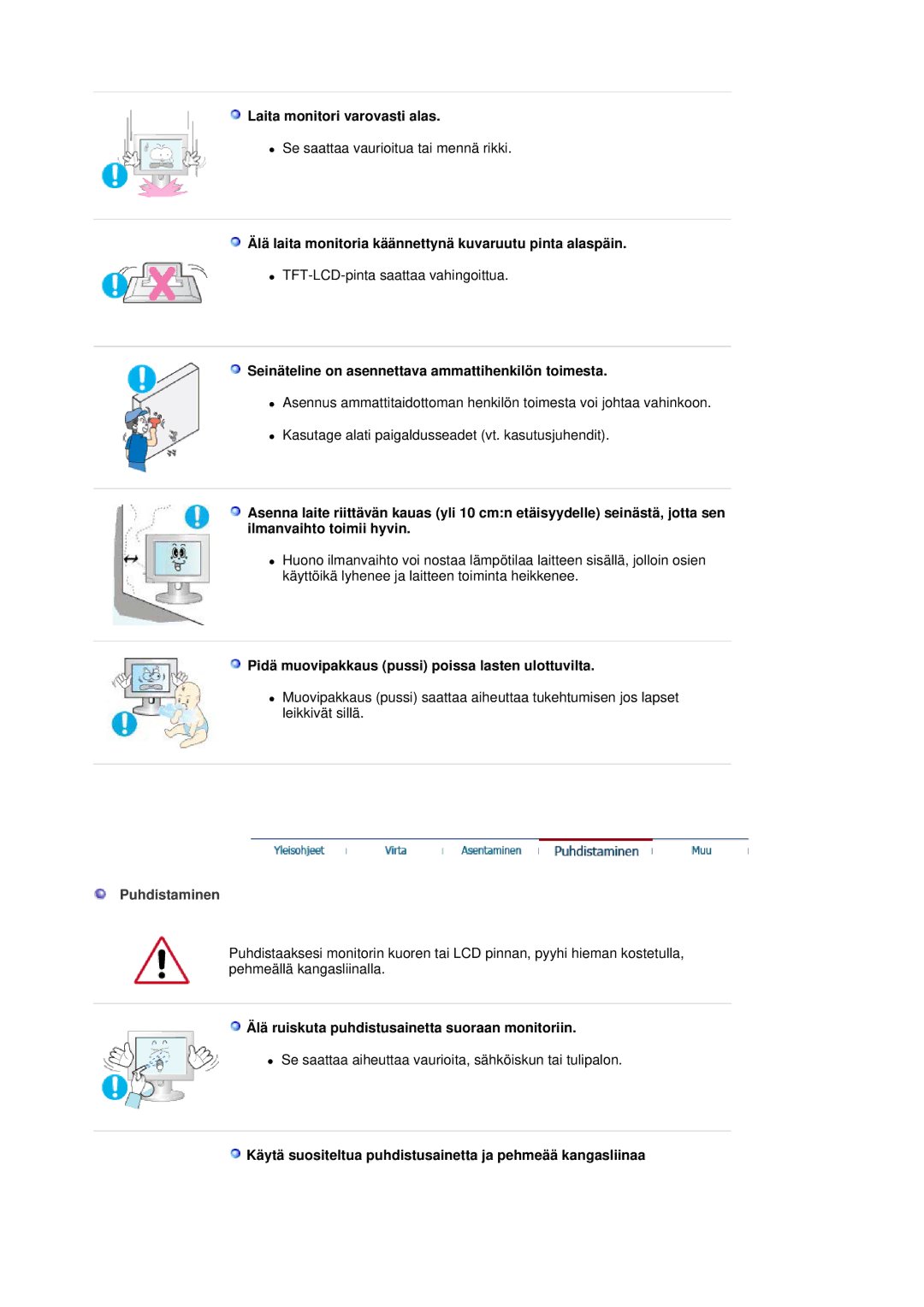 Samsung LS30HUBCB/EDC manual Puhdistaminen 